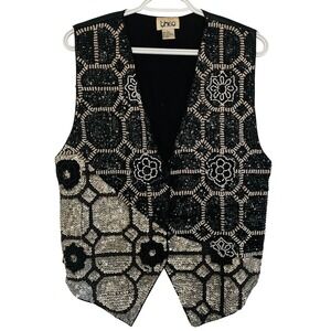 Vtg Theo Beaded Sequin Black Silver Geometric Floral Statement Vest Holiday LG